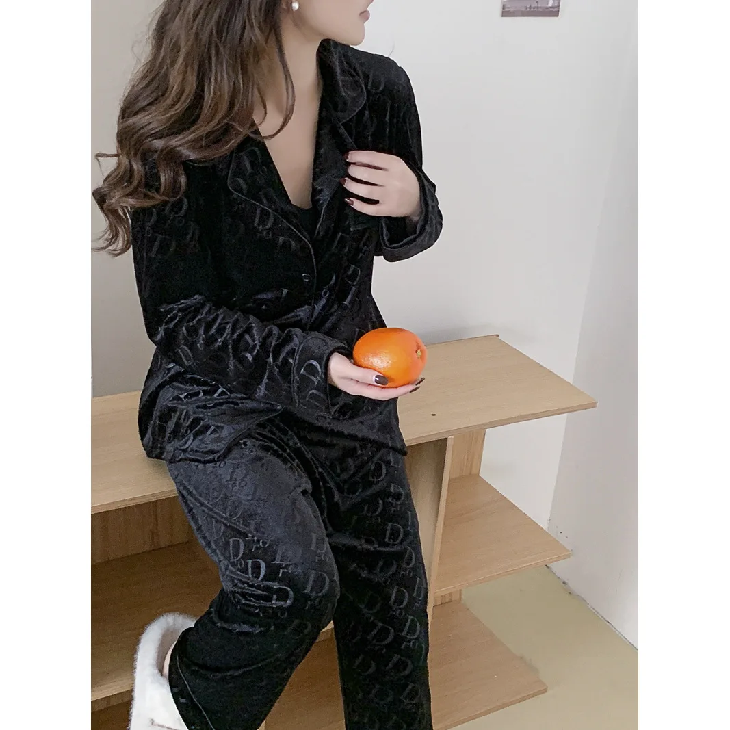 Pigiama donna in velluto nero Set autunno inverno pantalone lungo completo pigiama tuta moda Velour Loungewear Outwear abbigliamento per la casa