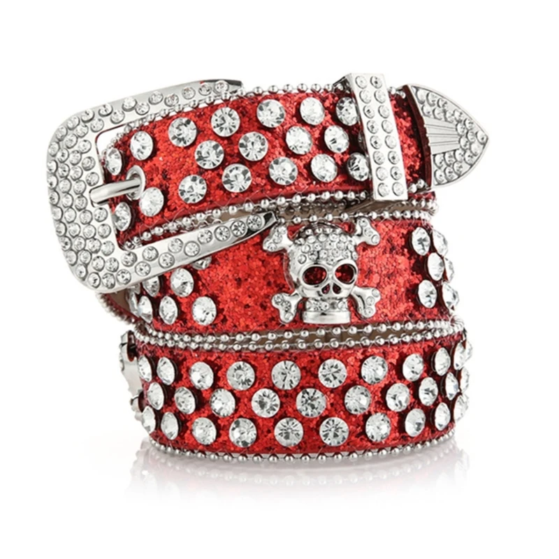 Head Skull Buckle Belts Women Pu-leather Strap Rhinestone  display picture 3