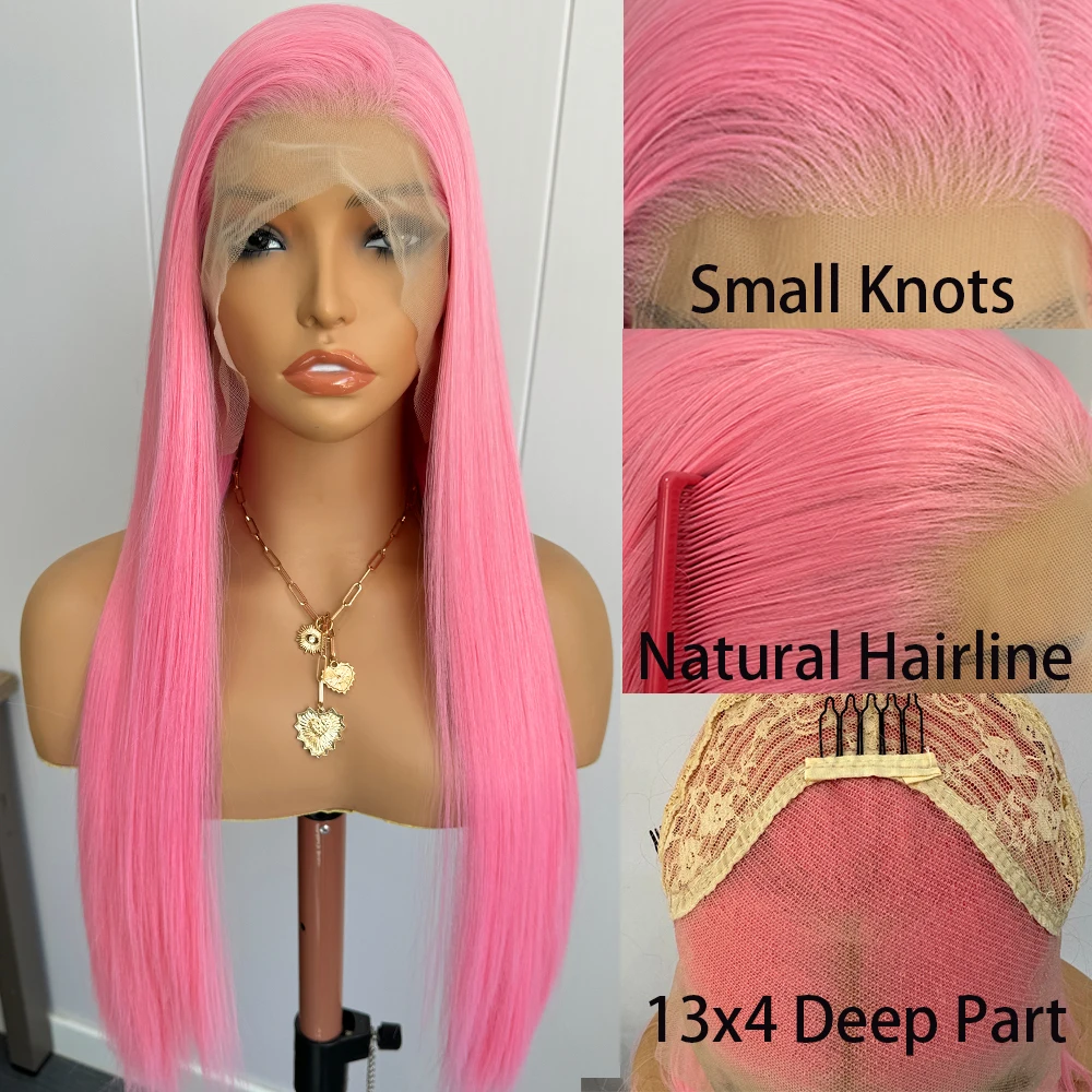 핑크 스트레이트 가발 13*4 합성 레이스 프론트 가발 여성용 핫핑크 롱 실크 스트레이트 가발 프리 파트 데일리 코스프레 가발
