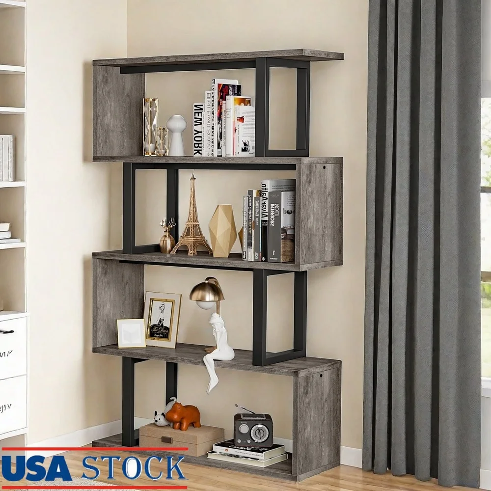 

Modern 5-Tier S-Shaped Bookshelf Geometric Bookcase Wooden Z-Shelf Storage Display Unit Living Room Bedroom Office