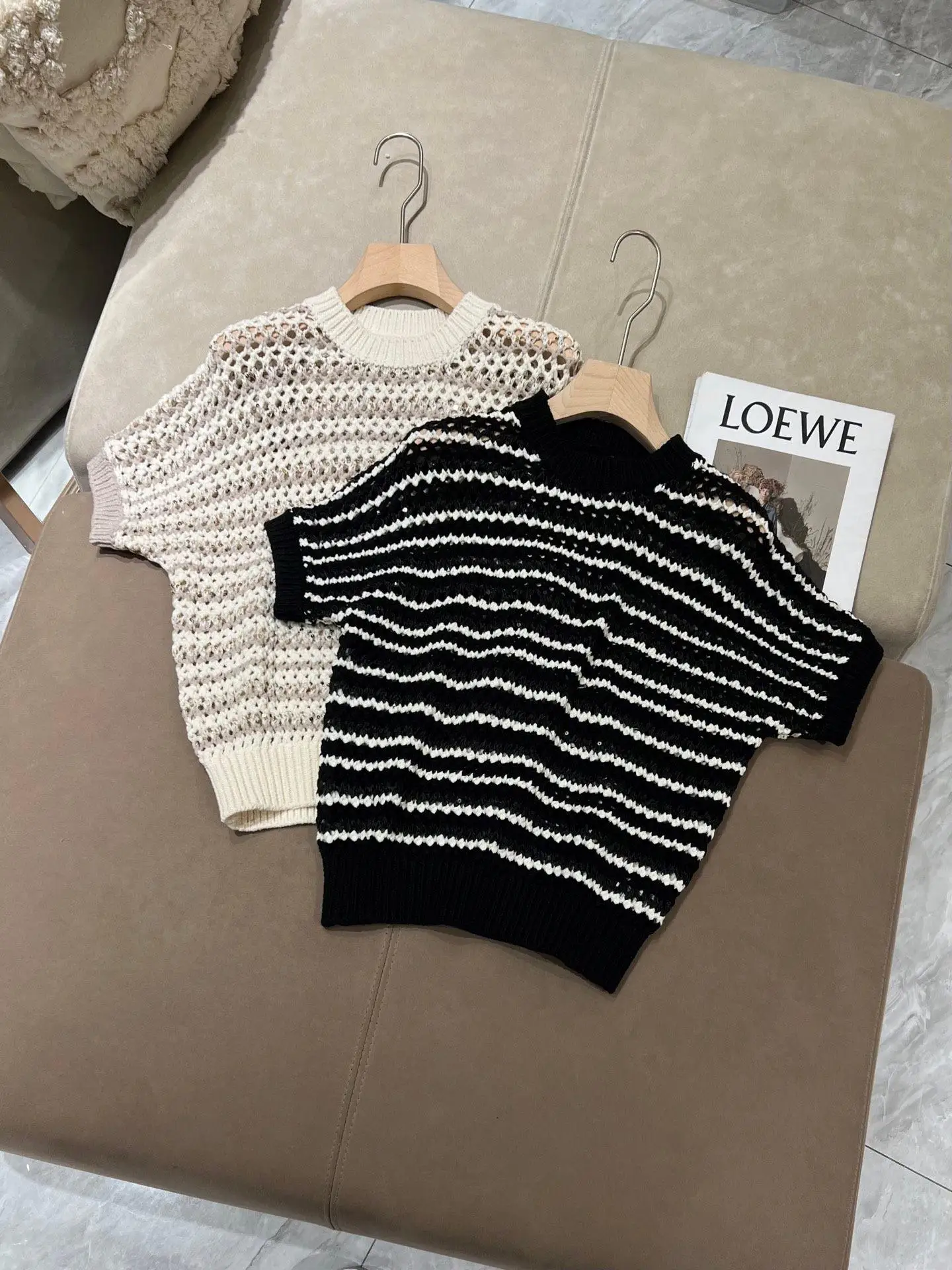 

Spring women's hollow-out striped linen-cotton sparkling knitted short sleeved top