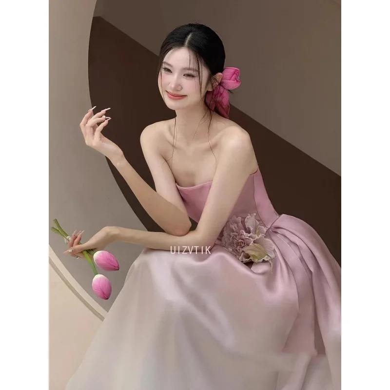 Gaun Pesta Malam Panjang Tanpa Tali Perancis Elegan Gaun Pengantin Mewah Ringan Wanita Gaun Perjamuan Pertunangan Pengantin Stiker 3D