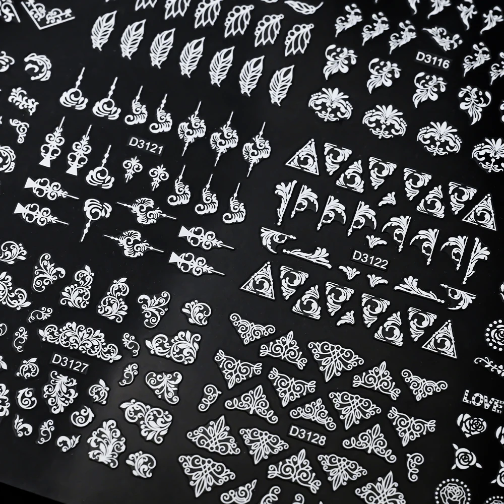 30 Uds. De pegatinas 3D para decoración de uñas con flores/hojas/encaje doradas bronceadas, 5,5x6,2 cm, pegatinas geométricas blancas/plateadas/negras para manicura de boda de lujo