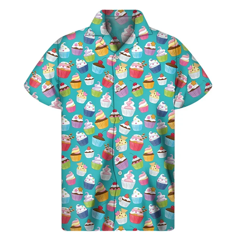 

Cartoon Cupcake Graphic Hawaiian Shirts For Men New 3D Print Food Lapel Shirt Summer Street Loose Tees Skin-friendly Comfortable