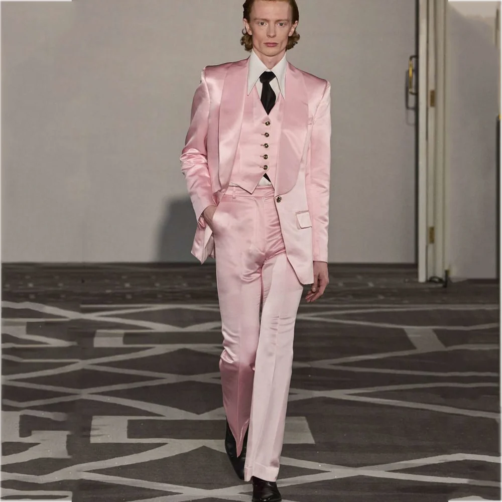 Pink Satin Men Suit Three Pieces Exquisite Elegant Shawl Lapel Slim Single Button Formal Outfit Casual Party Prom Wedding Set