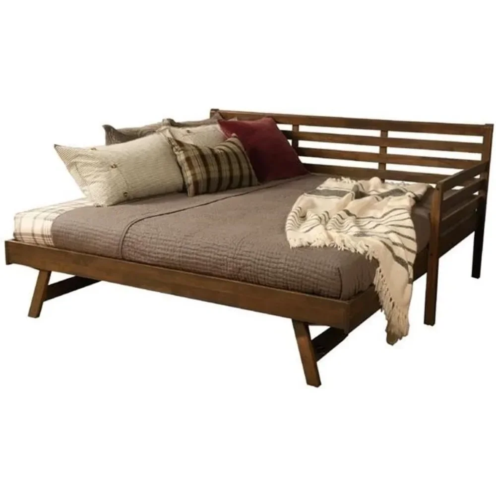 Daybed with Pop Up Trundle in Wood in Rustic Walnut, No Box Spring Needed, Easy Assembly, Up to 500 lbs Weight Capacity