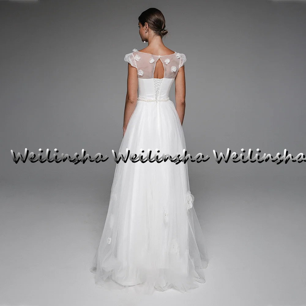 Weilinsha-Robe de mariée en tulle avec ceinture perlée pour femme, à lacets dans le dos, avec fleurs 3D, pour fête, été, 2022