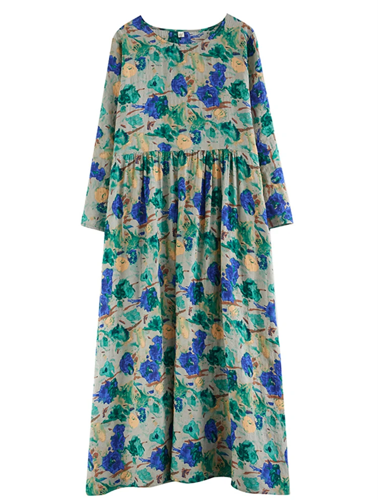 Cotton Blue Floral Vintage Dresses For Women 2024 Spring Autumn Casual Loose Long Fashion Elegant Art Dress Office Lady Clothing