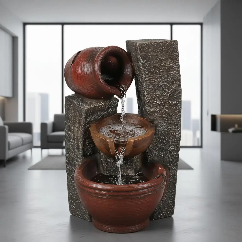 

32 Rustic Farmhouse Outdoor Water Fountain with Cascading Pitchers and LED Lights, Garden Decor Feature