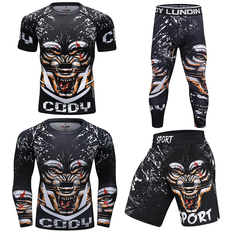 

Cody Lundin Boxing Set Compression Men Sports Kickboxing Jersey + Base Layer Soft Workout Pants Bjj Short Sleeve Rash Guard Set