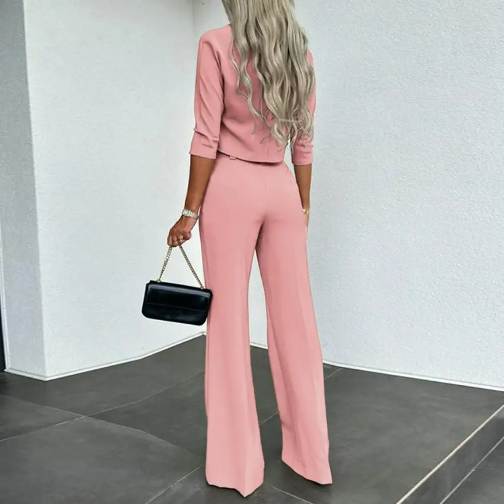 Women Formal Occasion Outfit Stylish Women\'s 2-piece Suit Solid Color Wide Leg Pants Crop Top Set for Chic Commute Women