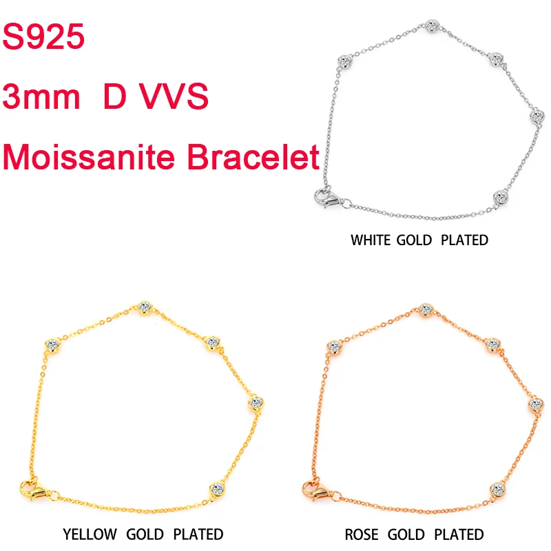 

Moissanite Bracelet 3mm Moissanite Stone S925 White Gold Plated Chain Yellow Gold Plated Rose Gold Plated Bracelet Gift For Girl