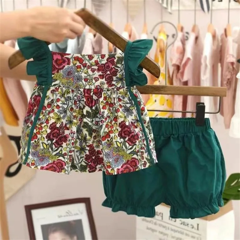 Zweiteiliges Set für Mädchen, Sommer, neues Set, ärmelloses Träger-Top mit fragmentierten Blumen +