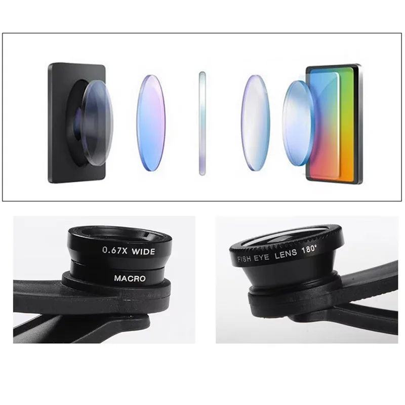 Suitable For Mobile Phone Lenses Magnifying Glasses 180 Degree Fisheye Wide Angle Macro Selfie Sticks Three In One Clip Lens ABS
