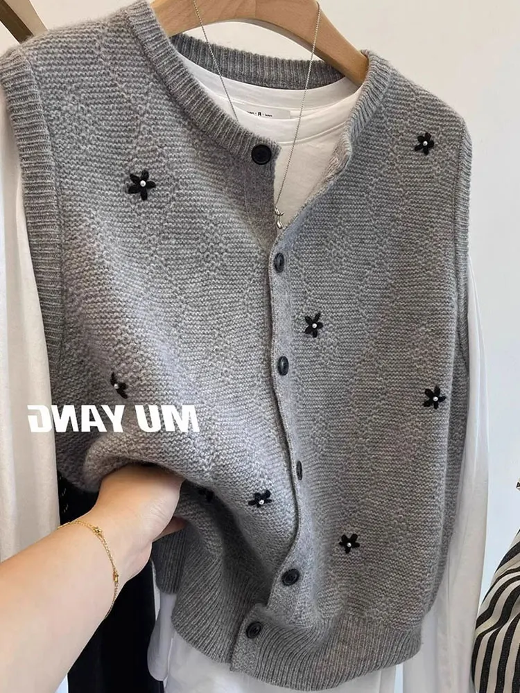 

Retro Floral Knit Vest Single Button Svel Top Layering Clothing Lazy Sle Korean Loose Fit Autumn Faion Ladies Sweater