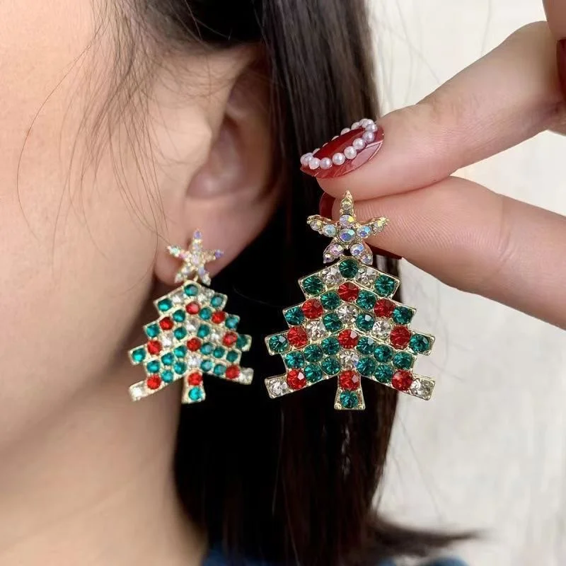 

Colorful Christmas Tree Crystal Zircon Star Silver Color Earrings Stud Dangle Fashion Jewelry Women Xmas Party Gift