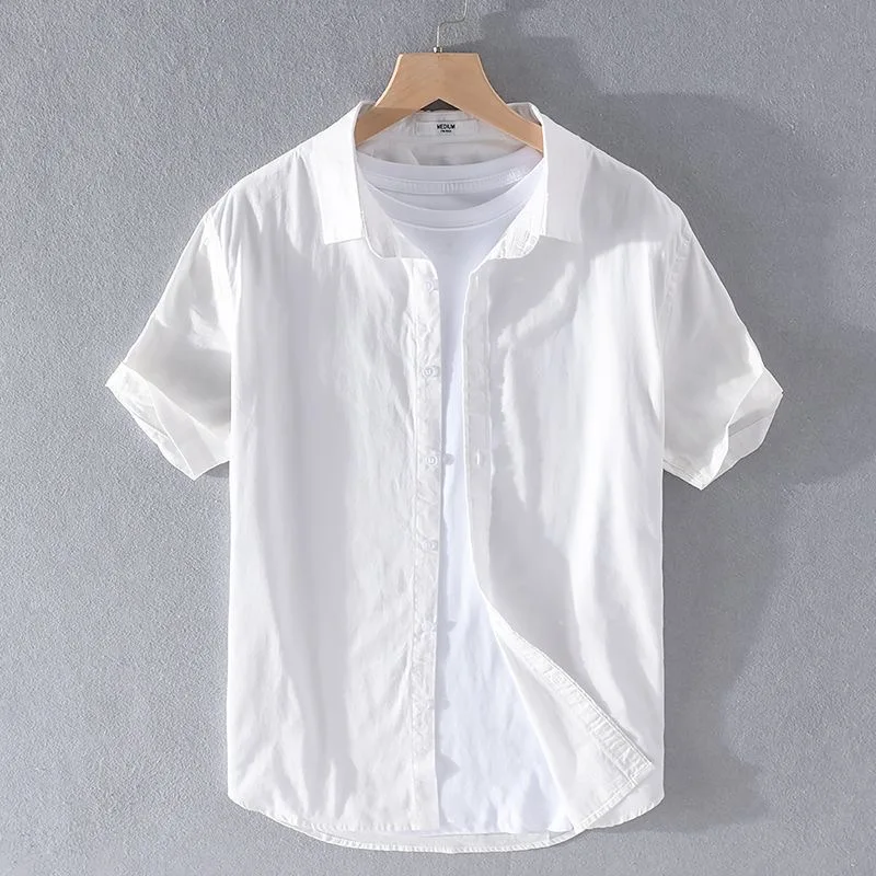 Summer Men's Cotton Linen Shirt Loose Fit Casual Thin Style Pure Color Short Sleeve Breathable V-Neck Button up Top