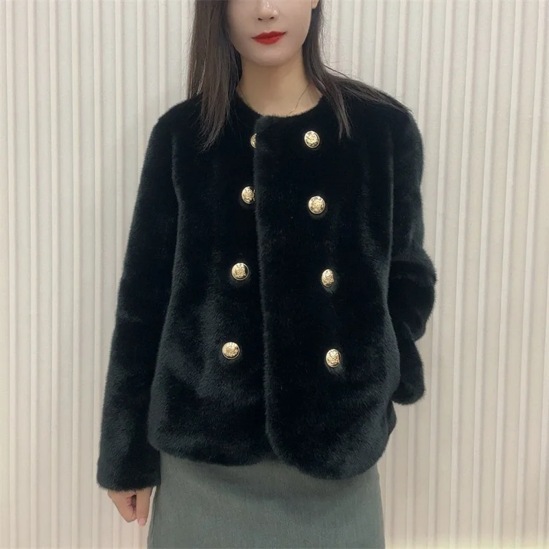 Streetwear Double-faced Fur Coat Women\'s Mink Velvet Short Jacket O-neck Double-breasted Pocket Faux Fur Fluff Outerwear Autumn