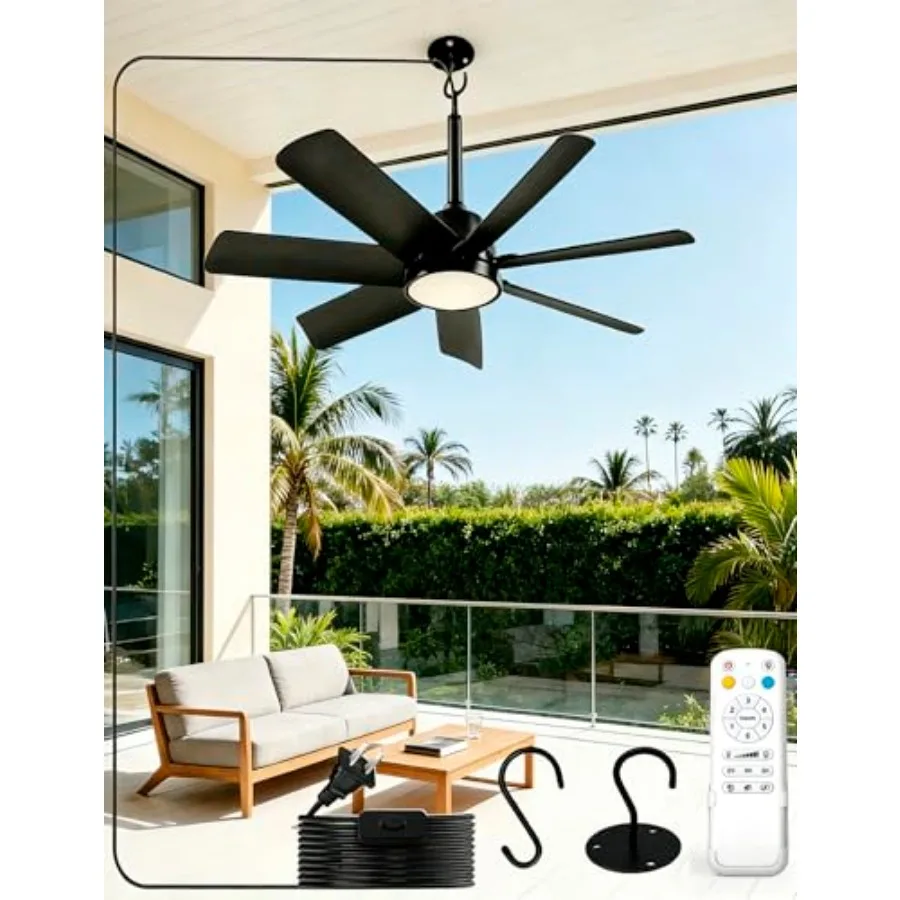 

28 Inch Plug-In Outdoor Ceiling Fan with Lights and Remote, LED Gazebo Hanging Fan with Hook, 3CCT 3000K-6500K Dimmable Gazebo
