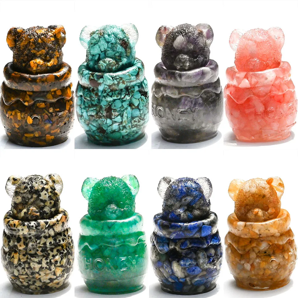 2inch Resin Cute Little Bear Honey Can Pot Natural Healing Crystals Stones Amethyst Tiger Eye Stone Craft Ornament Home Decor