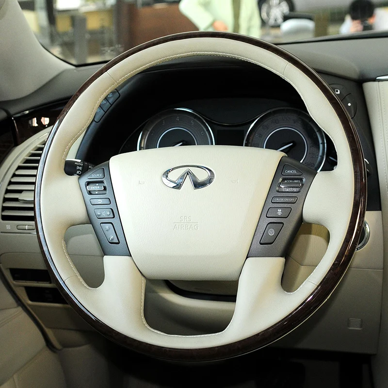 

For Infiniti QX56 QX80 Nissan Patrol Y62 2012-2018 Hand-stitched Genuine Leather Peach wood grain car steering wheel cover