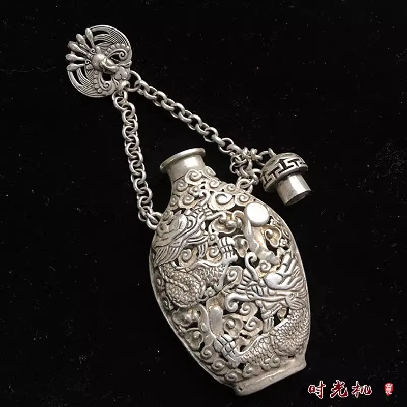 Exquisite Tibetan Silver Hollow-out Double Dragon Sachet Decoration Pendant
