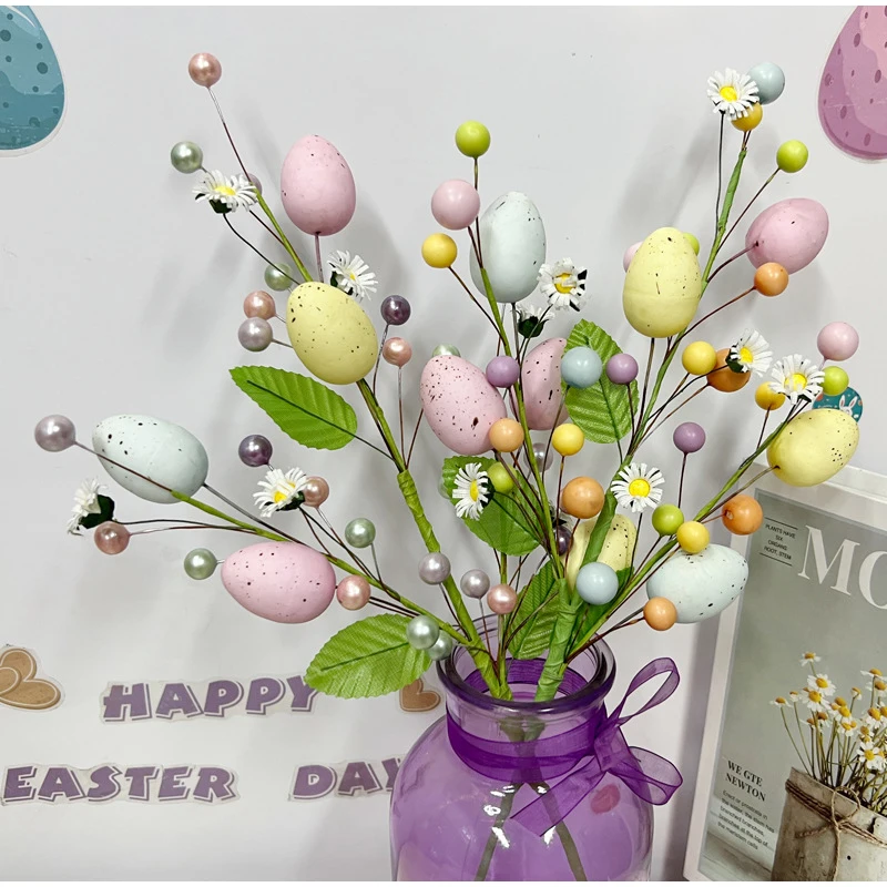 2025 Diy Easter Artificial Egg Pearl Flower Decoration Branch Colorful Foam Eggs Branches Bouquets For Easter Party Home Decors