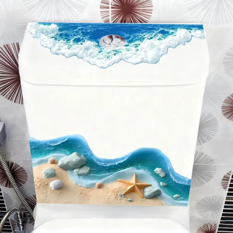 3D Toilet Tank Decor Sticker Self Adhesive Waterproof Ocean Beach Starfish Seashell Print for Household Bathroom
