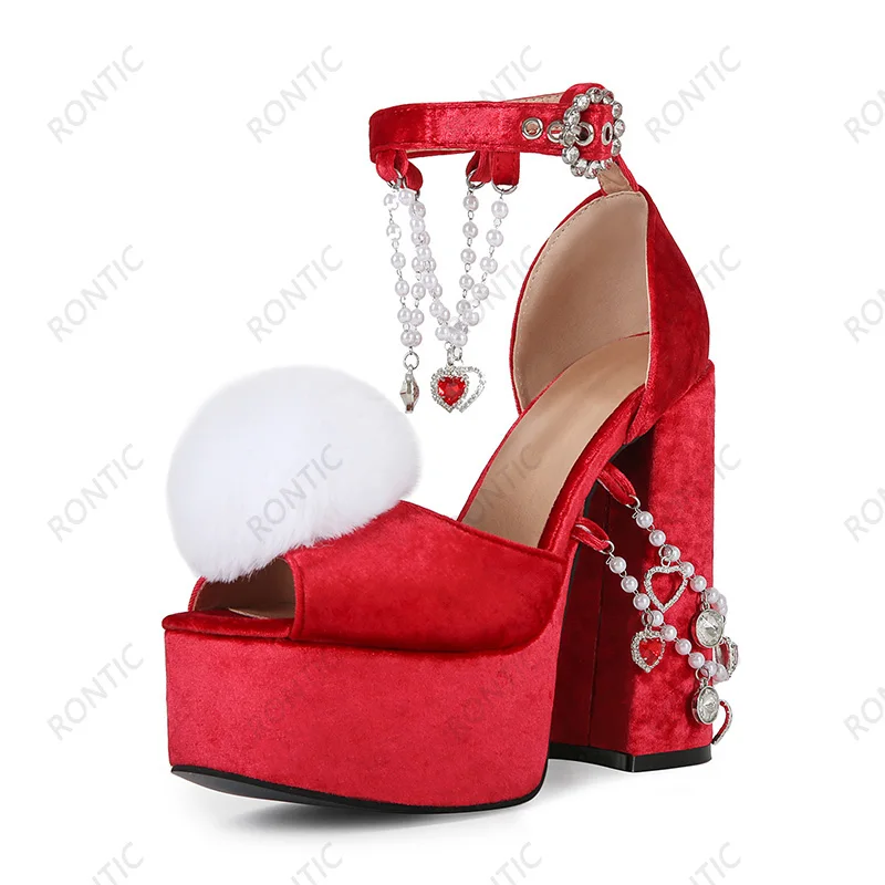 Rontic Women Velvet Platform Block Heel Sandals Peep Toe Pearl Heart Chain Ankle Strap Ladies Party Lolita Shoes Size 5-20 view 3