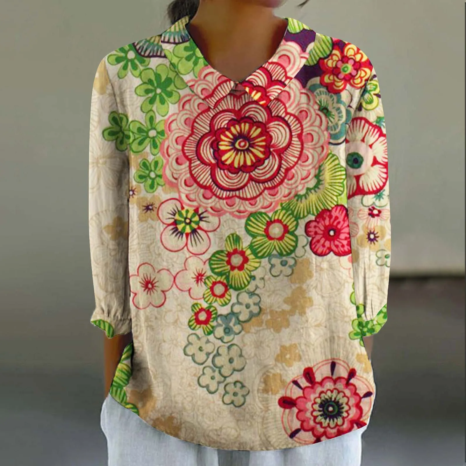 Camisa con estampado Floral para mujer, camisa informal de lino de manga larga con cuello de solapa, Top diario de manga de siete cuartos, otoño