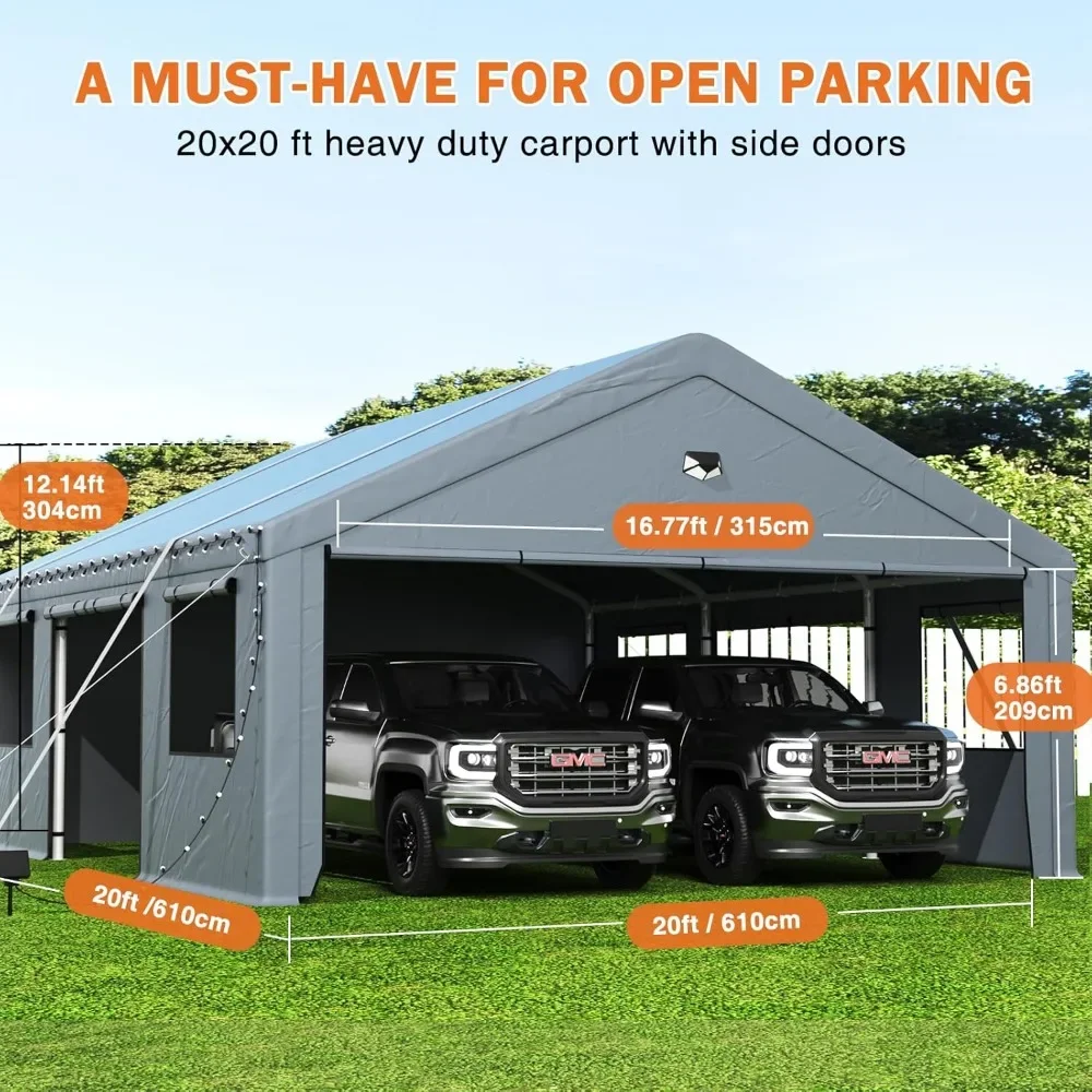 Carports 20X20 Heavy Duty, 2 Car Carport with Side Doors, Large Outdoor Carports Canopy, Portable Car Port Garage, Carport