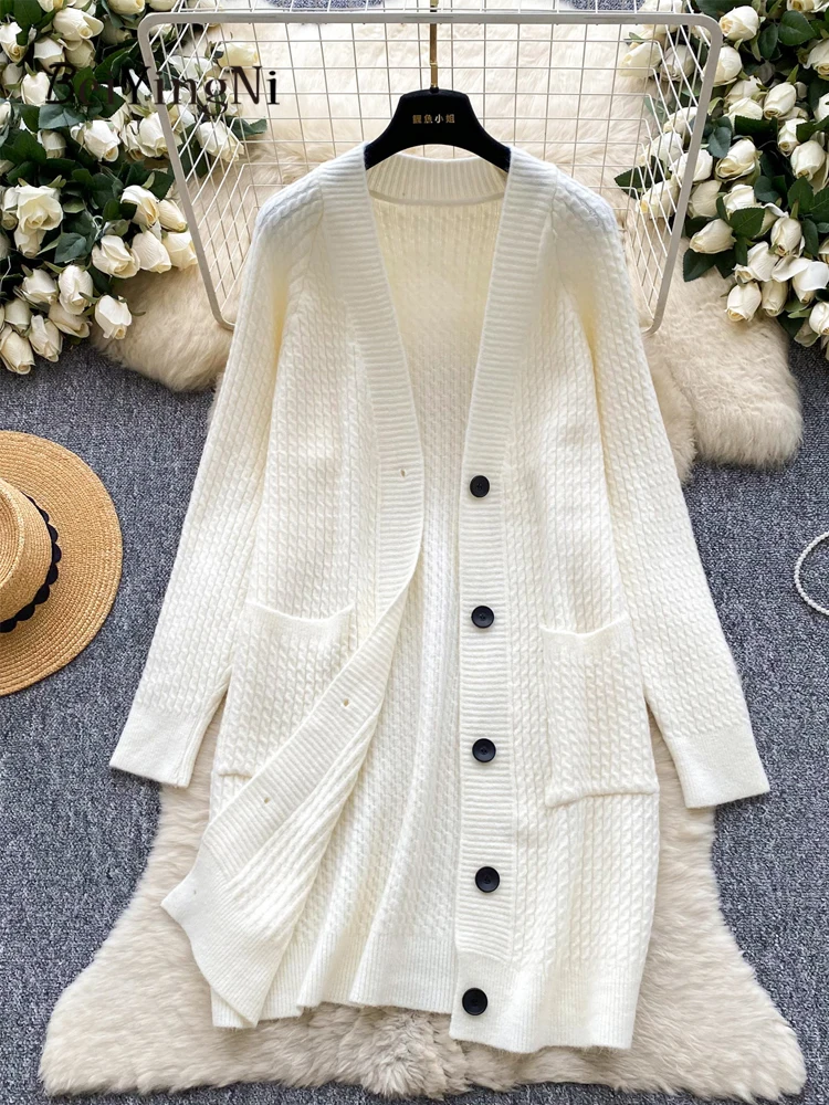 

Beiyingni женские длинные кардиганы 2022, осень-зима, однобортные длинные пальто, женский простой трикотаж, свободная верхняя одежда, теплый свитер