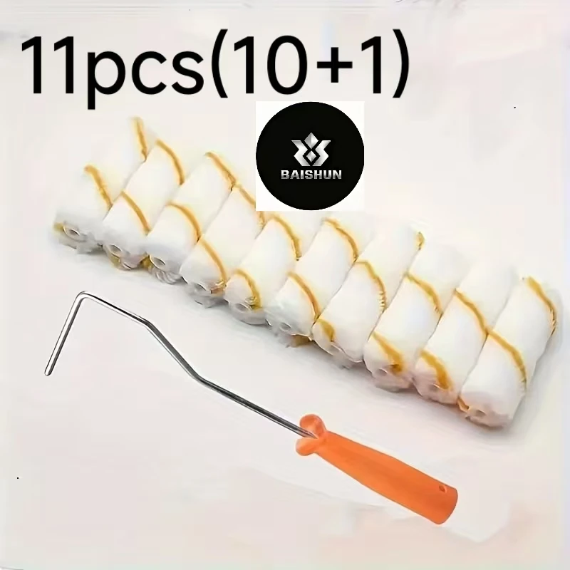 11Pcs Complete Paint Roller Kit (10 Rollers + 1 Handle Tool), 4 Inch Roller Covers with Long Extension Handle, Precision Edge Pa