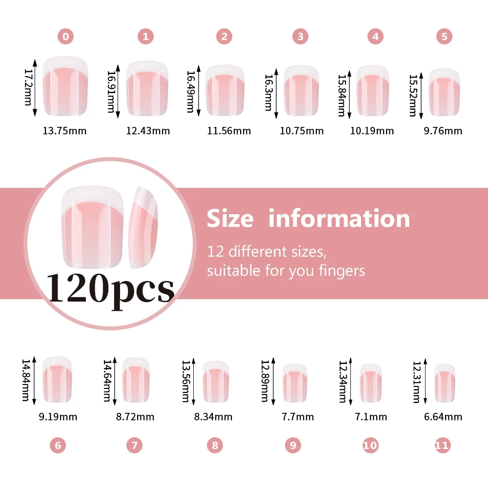 120Pcs Pink White French Short Square False Nails Soft Gel Glossy Acrylic Press On Nails Full Cover Women Extension Fake Nails#