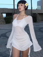 Women's Solid Skew Collar Ruched Straps Lace-Up See through Draw String Mini Dress Summer 2025 Party Clubwear - Image 2