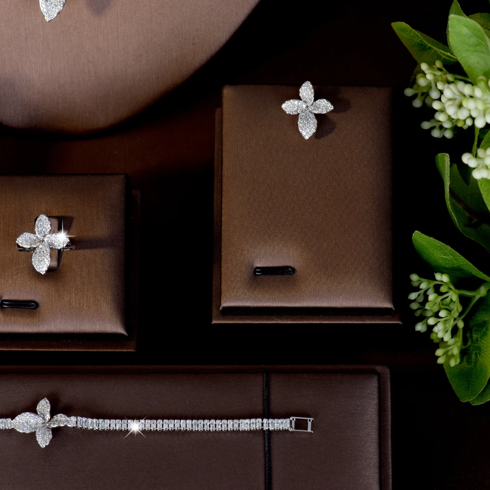 HIBRIDE New Luxury Art Stereo Flower Necklace Earrings Bracelet Ring Women's Jewelry Set Wedding Holiday Bridal Gift S-1122