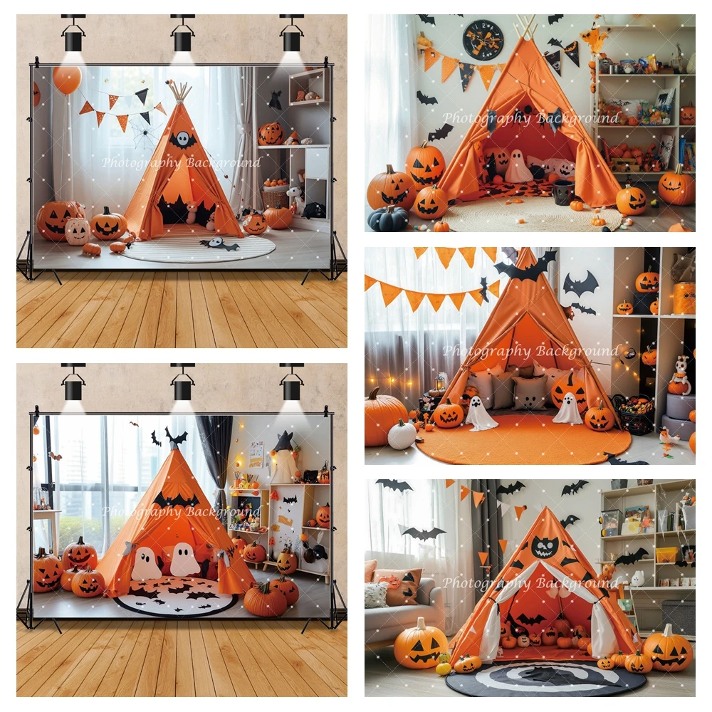 Halloween Backgrounds For Photographs Ghost Pumpkin Lantern Bat Tent Window Indoor Birthday Decoration Backdrop Photocall