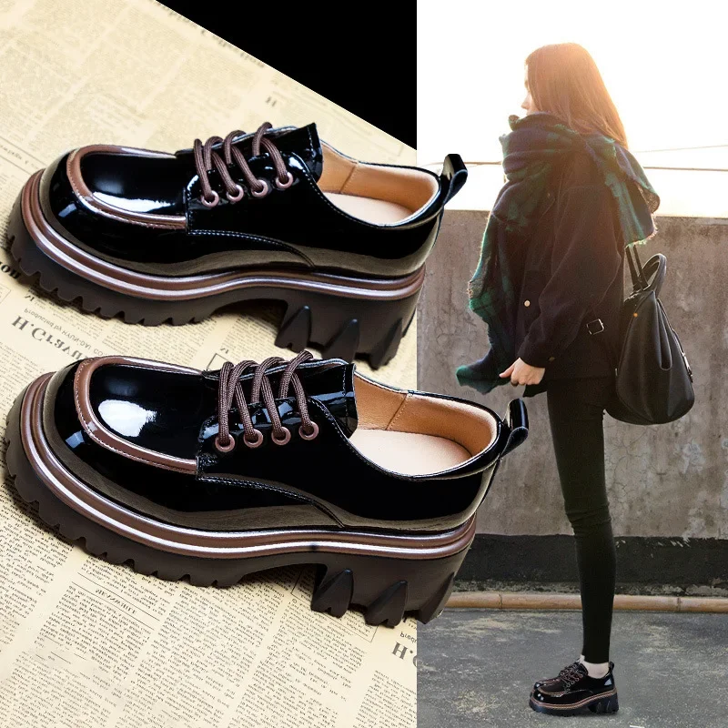 Fashionable Thick Soled High Rise Loafers with Thick Heels Shoes for Women 2024 Autumn Winter New Lace-up Women\'s Boot