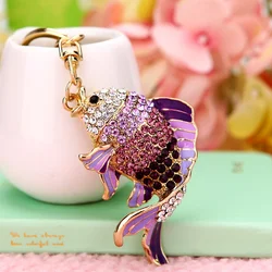 Fashion Rhinestone Cute Colorful Fish Key Ring Chain 2 Colors Pink Blue Car Keychain for Women Bags Charm