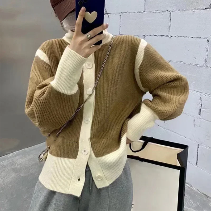 Korean Women Turtleneck Full Sleeve Sweaters Loose Casual Coats Knitted Thick Cardigan Autumn Winter 2023 Striped Splice