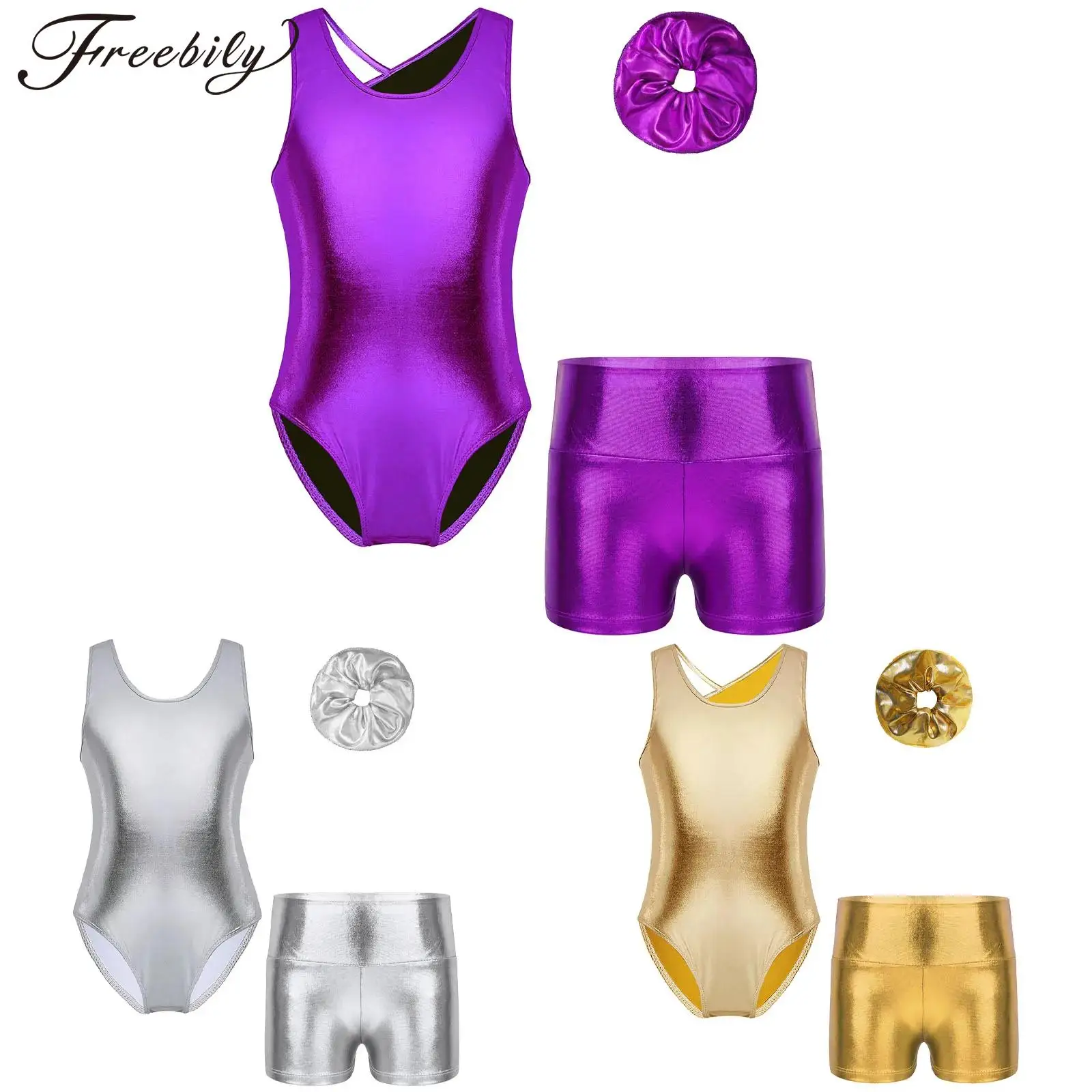 

Children Metallic Ballet Dance Outfit Leotard with Shorts Dancewear Gymnastic Skating Bodysuit Kids Girls Gymnastics Jumpsuit