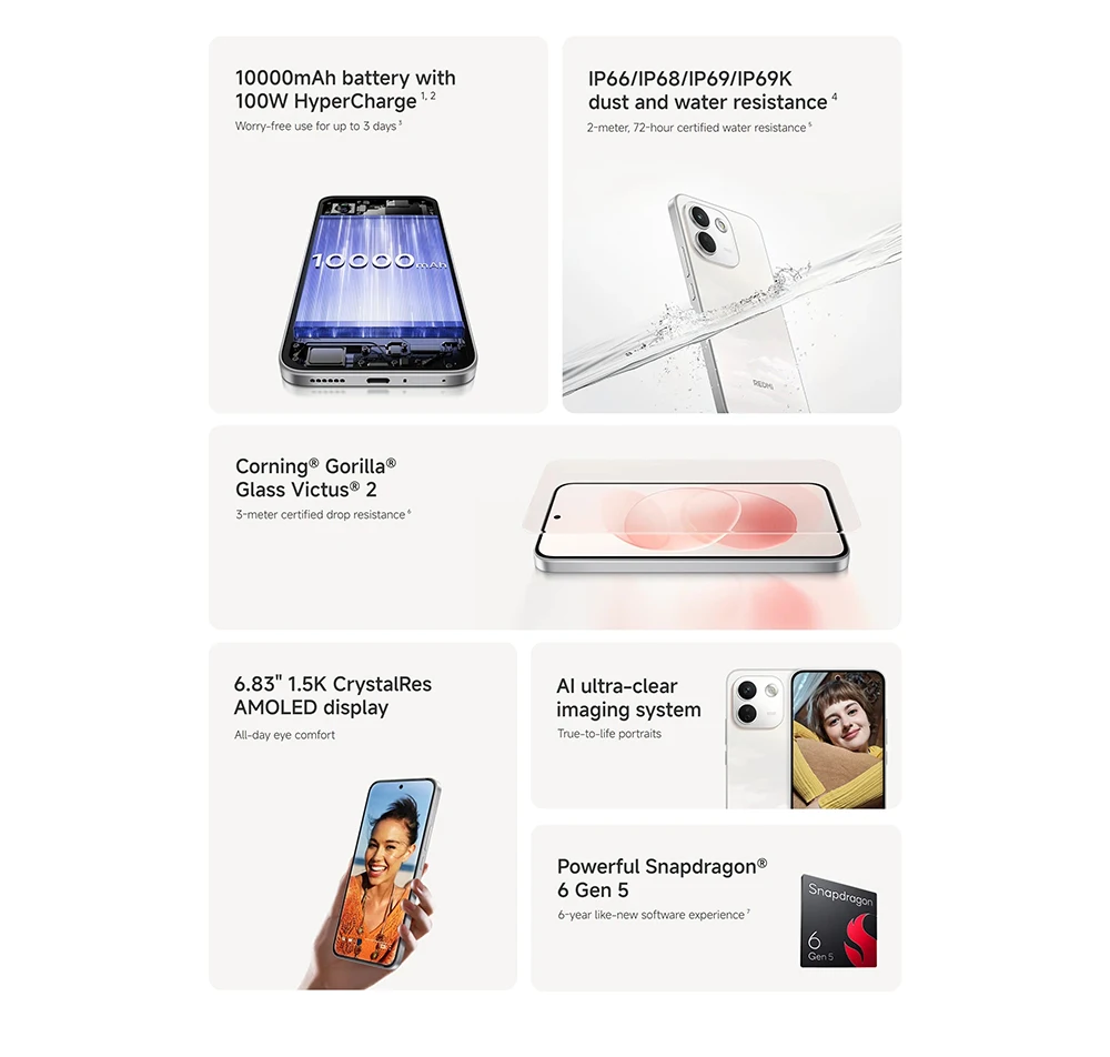 Global Version Redmi Note 17 Pro Max 5G 6.83' Smartphone 5G 9210mAh Battery 100W HyperCharge IP66 IP68 Powerful Snapdragon® 6 Gen 5