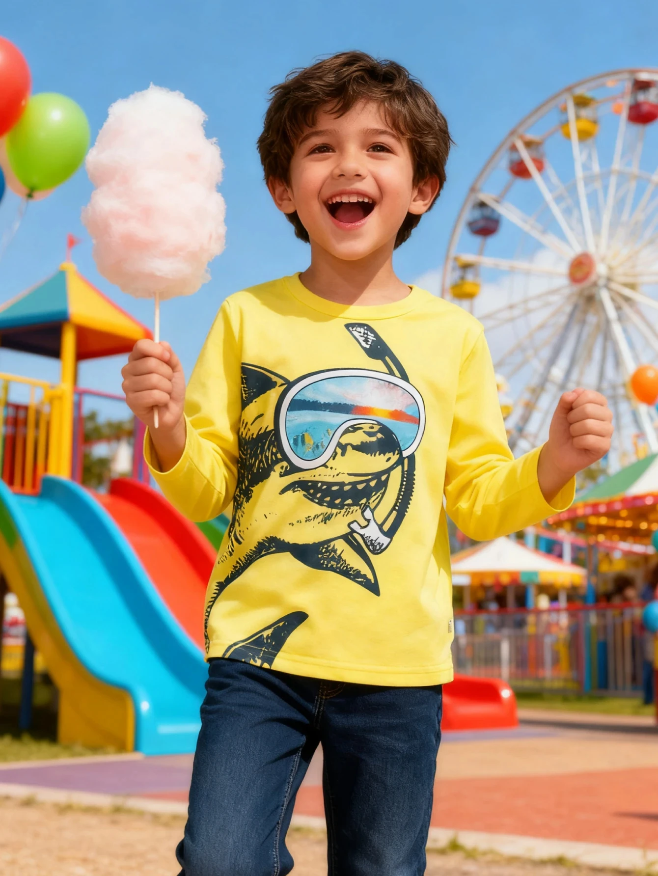 Camisa infantil de manga larga con gráfico de tiburón amarillo para niños: comodidad liviana, ideal para diversión al aire libre y uso diario, material duradero