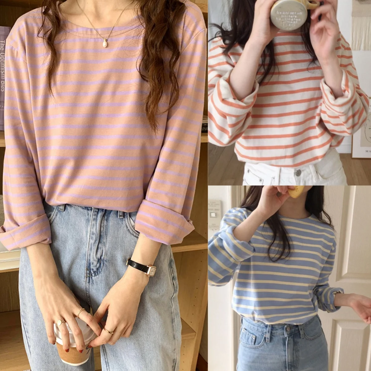 Autumn Cotton Classic Striped Women's T-Shirts 2024 New Long Sleeve O-Neck Casual Loose Shirts Female Knitting Tops