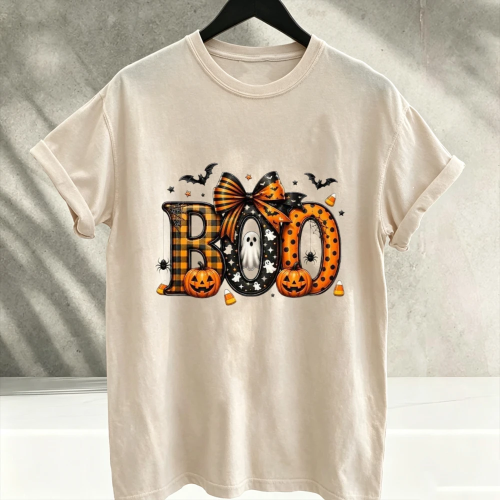 Halloween Boo Plaid Bow Ghost Pumpkin Spider Bat Graphic T‑Shirt Men Spooky Trick or Treat Fall Holiday Print Tee Casual Tops