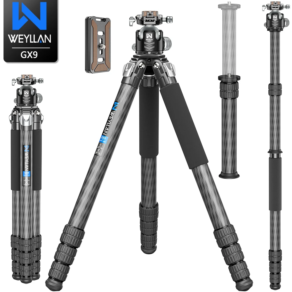 WEYLLAN GX9 Heavy Duty Carbon Fiber Tripod Professional Compact Camera Tripod Monopod for DSLR Camera Telephoto Lens Load 30kg