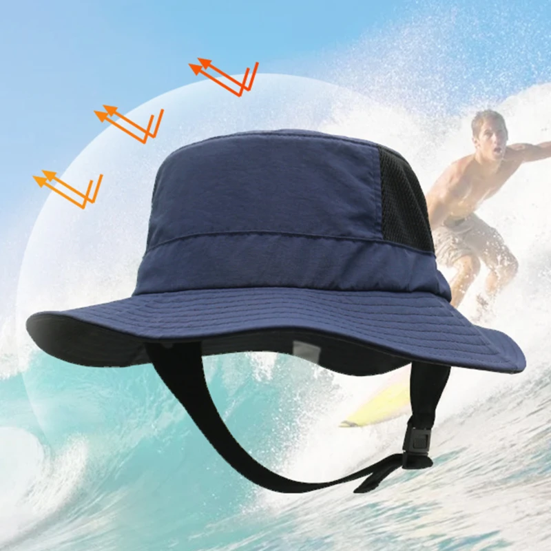 Beach Surf Cap Mesh Breathable Sun Hat UPF50+ Summer Outdoor Fishing Belt Chin Adjustable Bucket Hat Water Sport Unisex