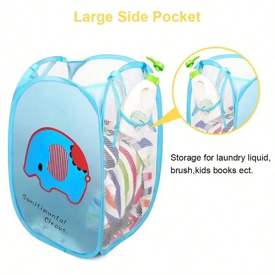 Cartoon Mesh Clothes Storage Basket Household Folding Pop-Up Dirty Clothes Laundry Hamper Durable Kids Toys Bag with Side Pocket