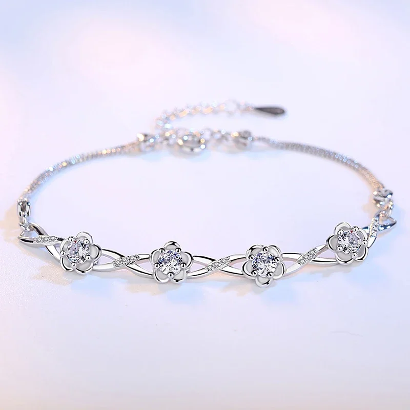 Romantic Plum Blossom Flower Bracelets For Women Bright White/Purple Crystal Zirconia Link-Chain Female Charm Bracelet Jewelry