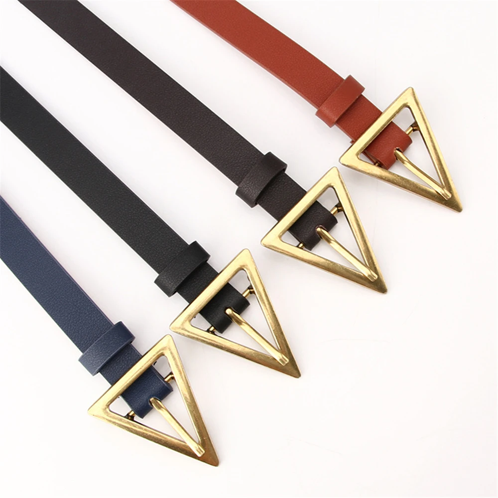 RAINIE SEAN Vintage Belt Women Leather Belt Triangle Buckle Thin Ladies Waist Belt Camel Black Navy Female Belt for Trousers